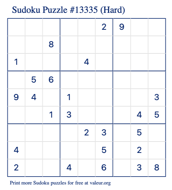 Free Printable Hard Sudoku Puzzle number 13335