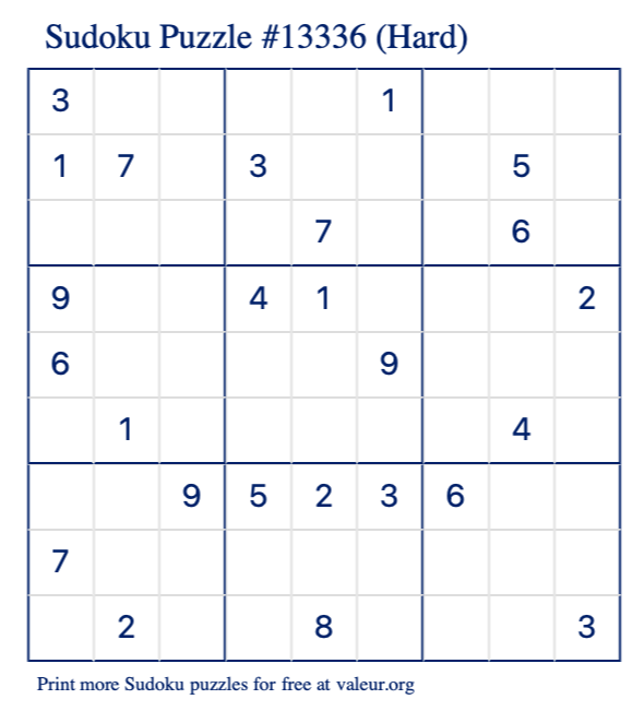 Free Printable Hard Sudoku Puzzle number 13336
