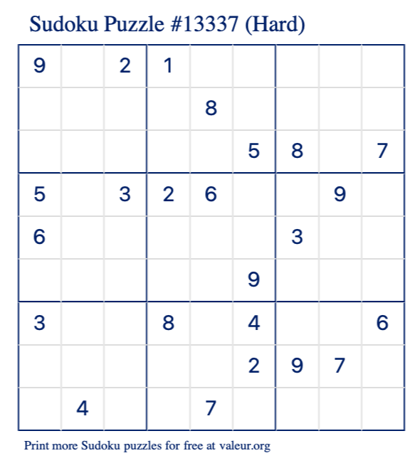 Free Printable Hard Sudoku Puzzle number 13337