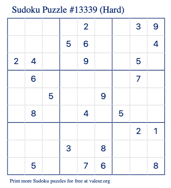Free Printable Hard Sudoku Puzzle number 13339