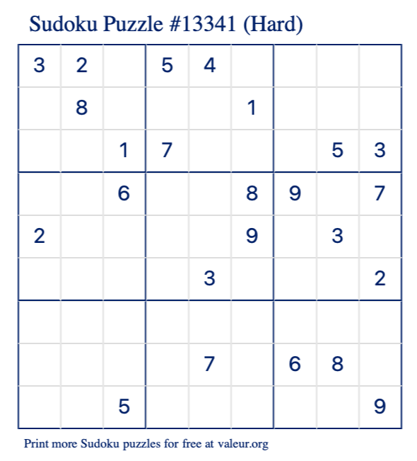 Free Printable Hard Sudoku Puzzle number 13341