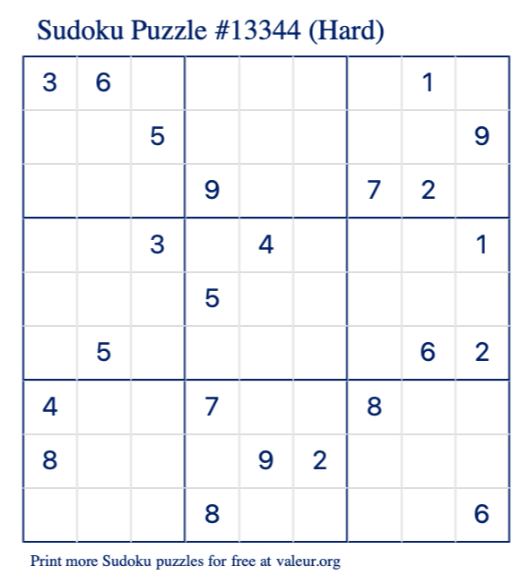 Free Printable Hard Sudoku Puzzle number 13344