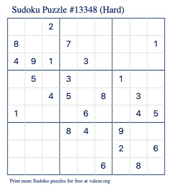 Free Printable Hard Sudoku Puzzle number 13348