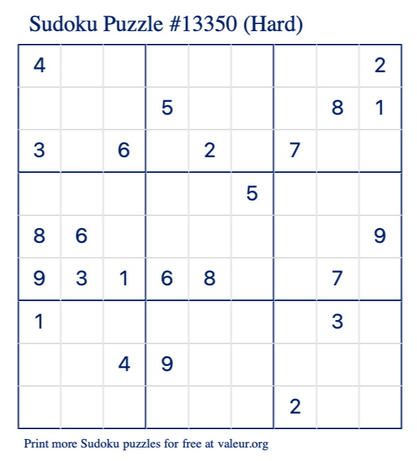 Free Printable Hard Sudoku Puzzle number 13350