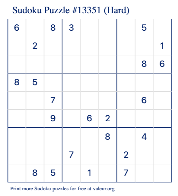 Free Printable Hard Sudoku Puzzle number 13351