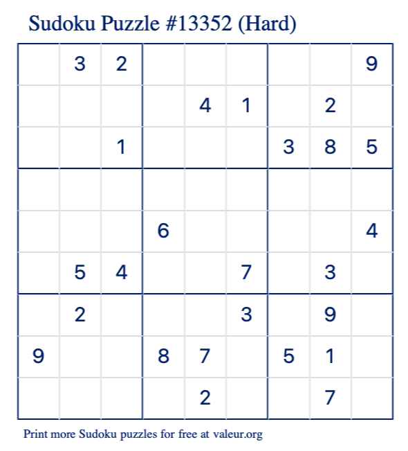 Free Printable Hard Sudoku Puzzle number 13352