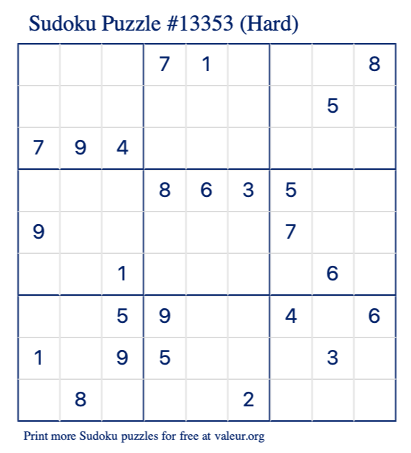 Free Printable Hard Sudoku Puzzle number 13353