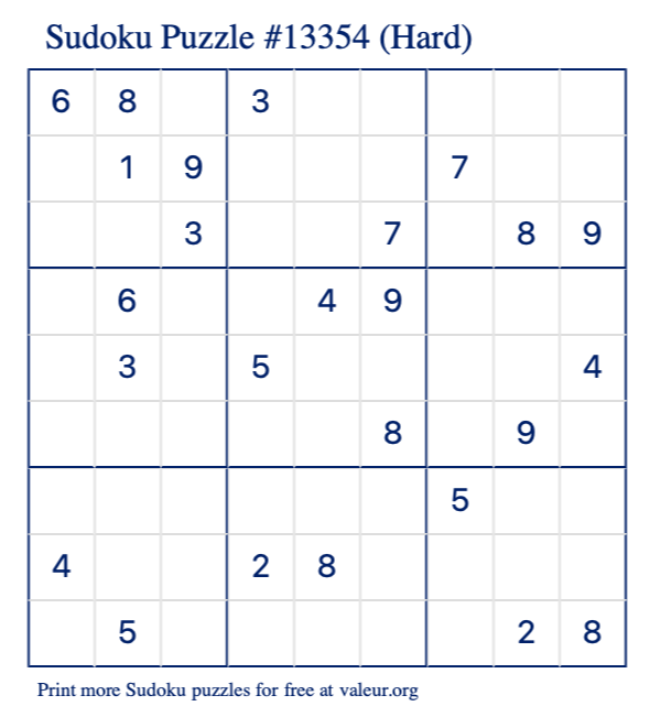 Free Printable Hard Sudoku Puzzle number 13354