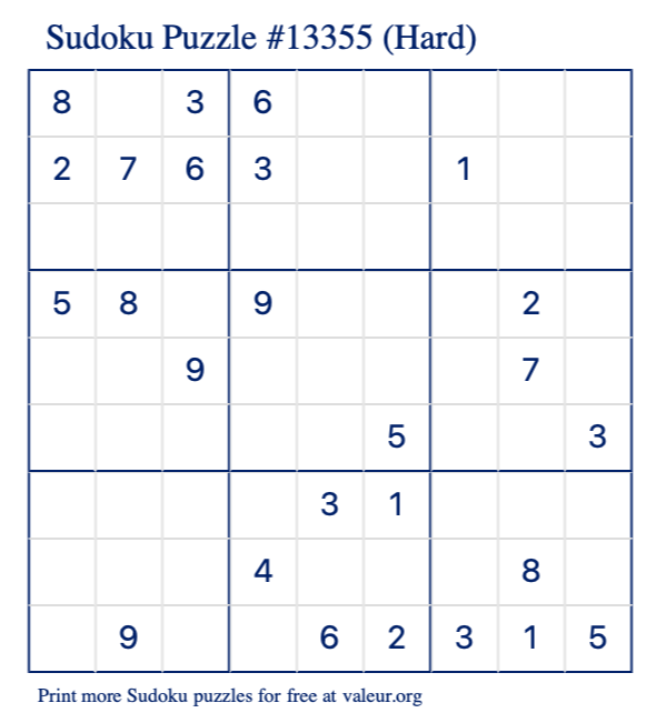 Free Printable Hard Sudoku Puzzle number 13355
