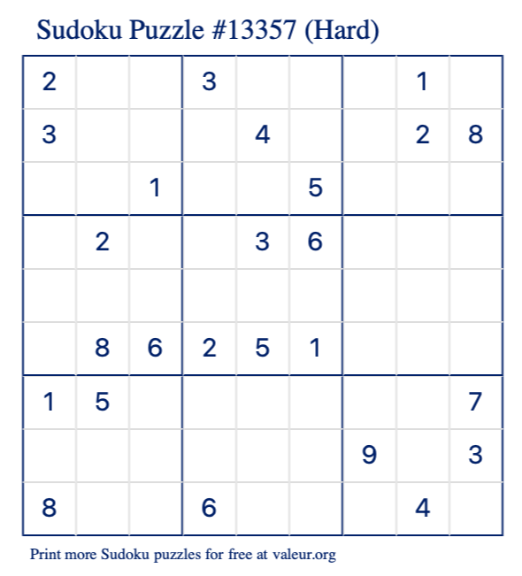 Free Printable Hard Sudoku Puzzle number 13357