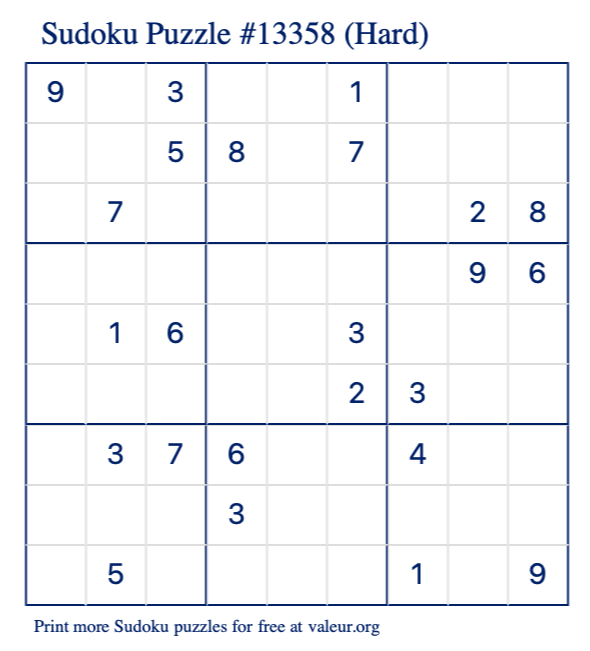 Free Printable Hard Sudoku Puzzle number 13358
