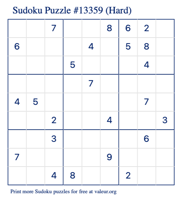 Free Printable Hard Sudoku Puzzle number 13359