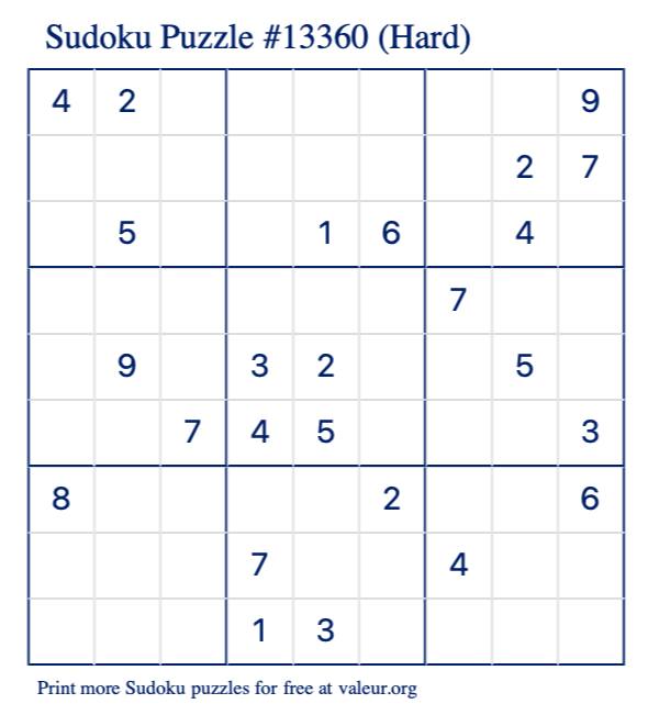 Free Printable Hard Sudoku Puzzle number 13360