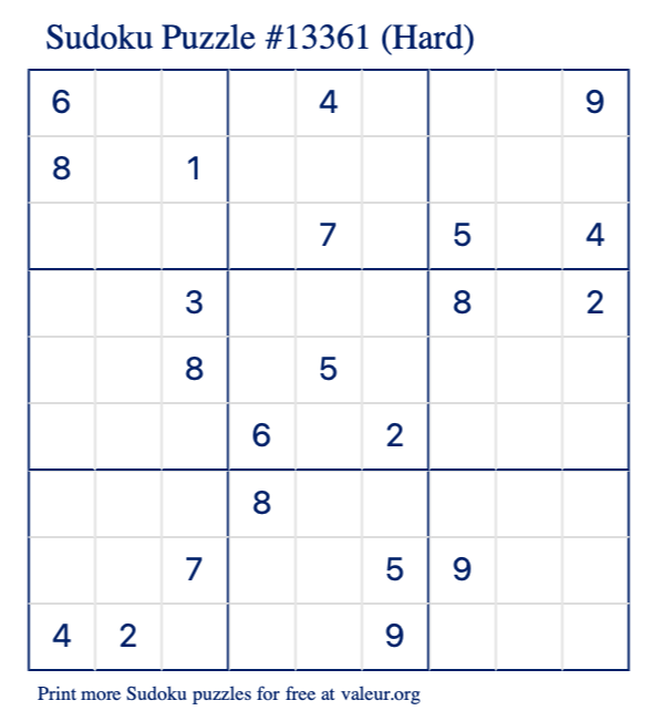 Free Printable Hard Sudoku Puzzle number 13361