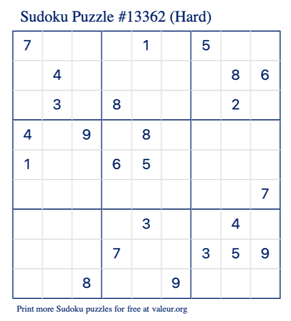 Free Printable Hard Sudoku Puzzle number 13362