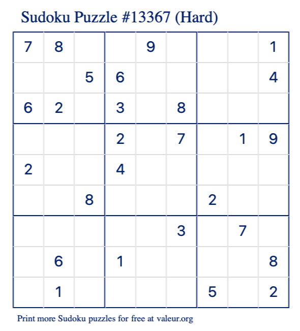 Free Printable Hard Sudoku Puzzle number 13367