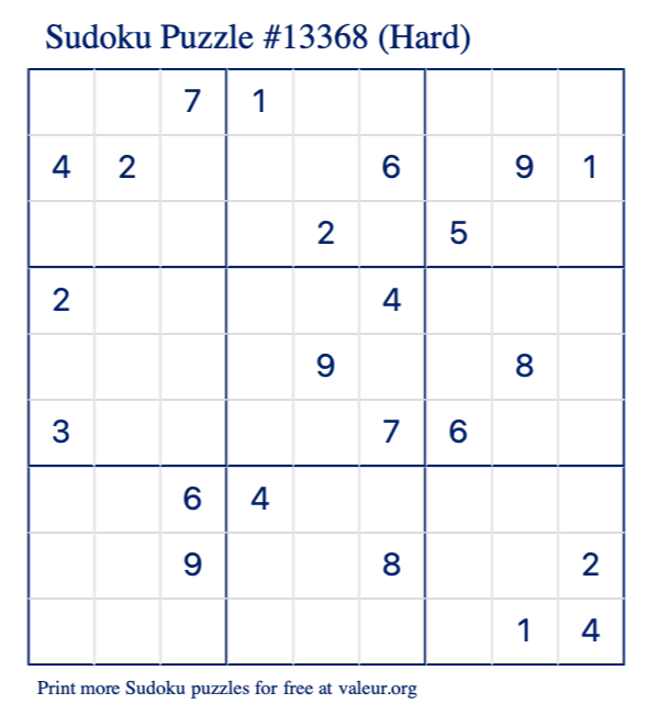 Free Printable Hard Sudoku Puzzle number 13368