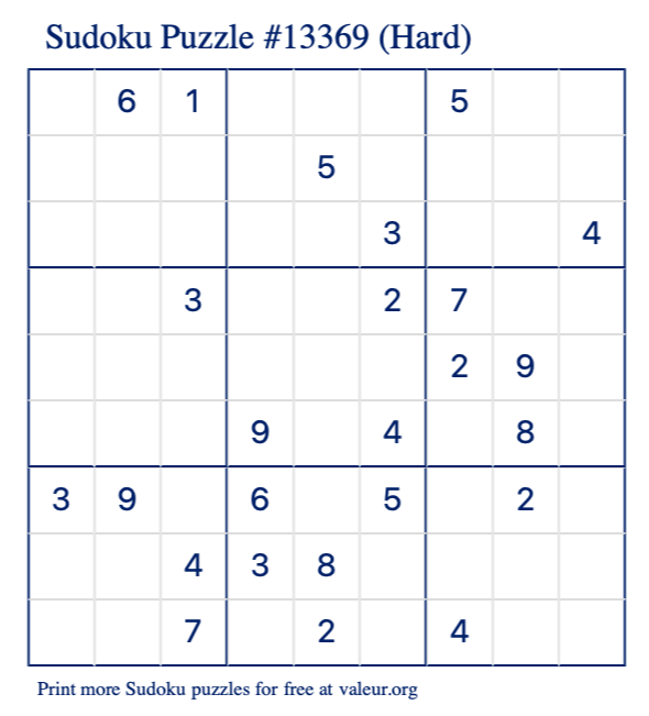 Free Printable Hard Sudoku Puzzle number 13369
