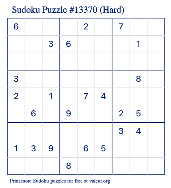Free Printable Hard Sudoku Puzzle number 13370