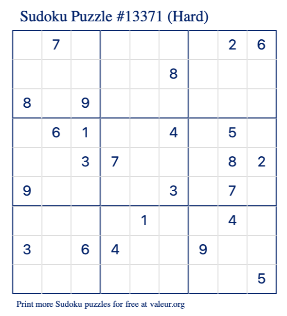 Free Printable Hard Sudoku Puzzle number 13371