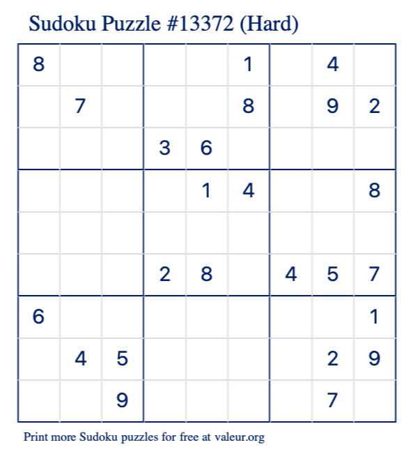 Free Printable Hard Sudoku Puzzle number 13372
