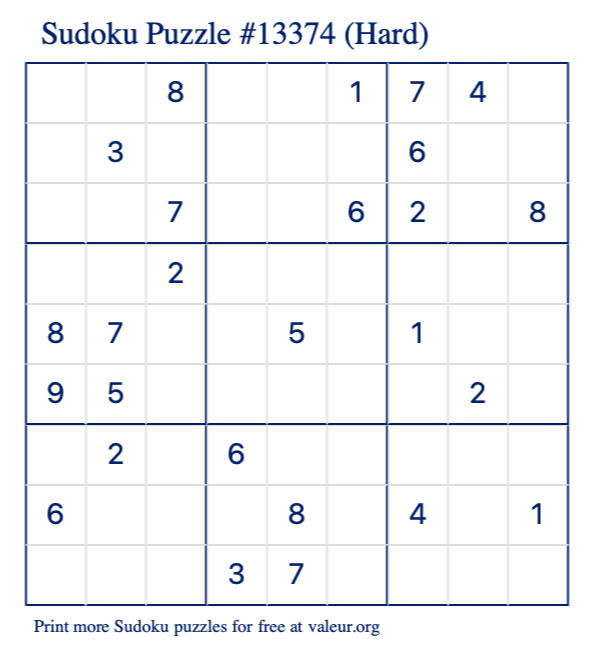 Free Printable Hard Sudoku Puzzle number 13374