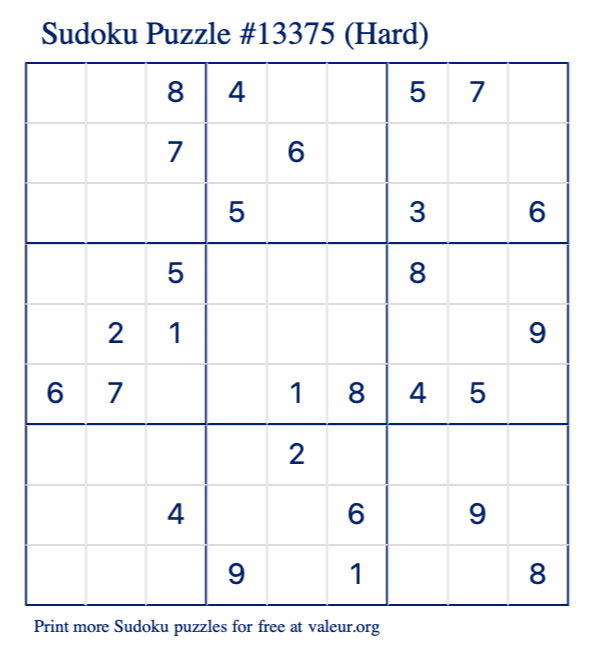 Free Printable Hard Sudoku Puzzle number 13375