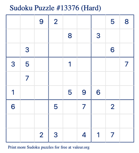 Free Printable Hard Sudoku Puzzle number 13376