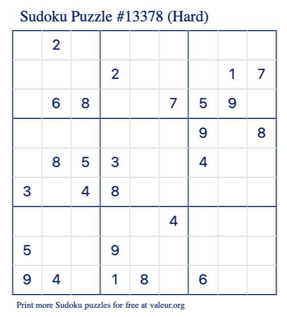 Free Printable Hard Sudoku Puzzle number 13378