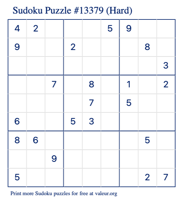 Free Printable Hard Sudoku Puzzle number 13379