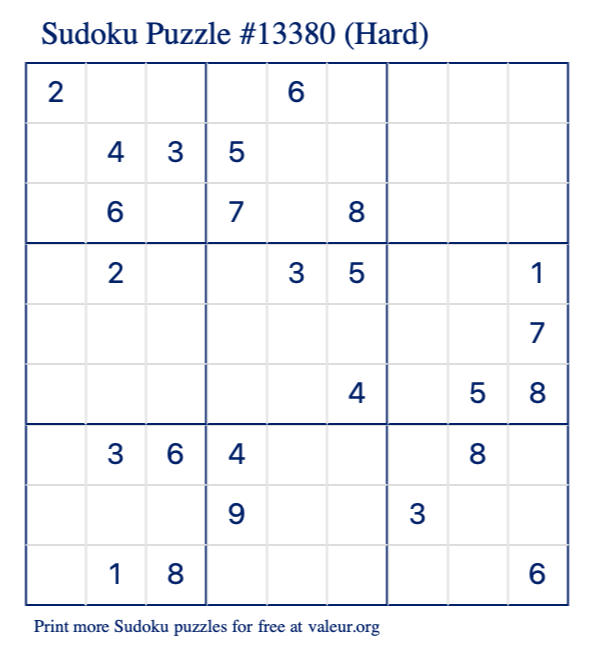 Free Printable Hard Sudoku Puzzle number 13380