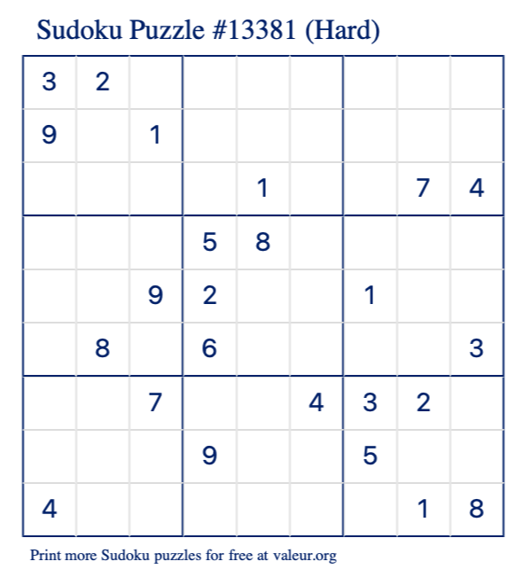 Free Printable Hard Sudoku Puzzle number 13381