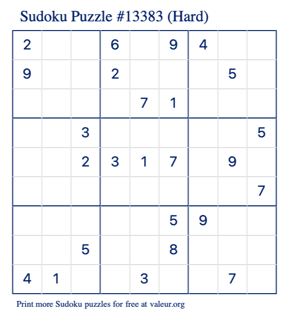 Free Printable Hard Sudoku Puzzle number 13383