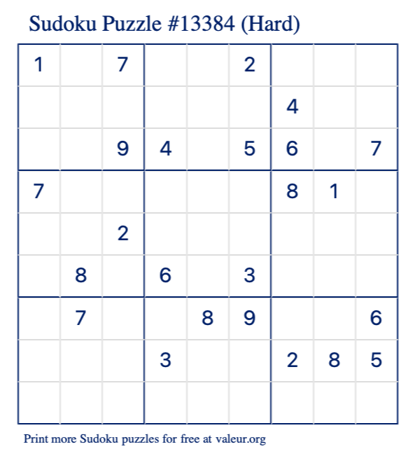 Free Printable Hard Sudoku Puzzle number 13384