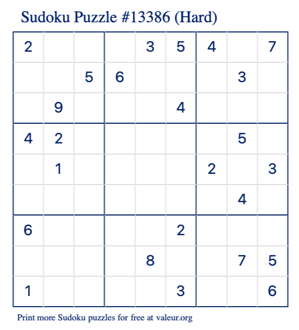 Free Printable Hard Sudoku Puzzle number 13386