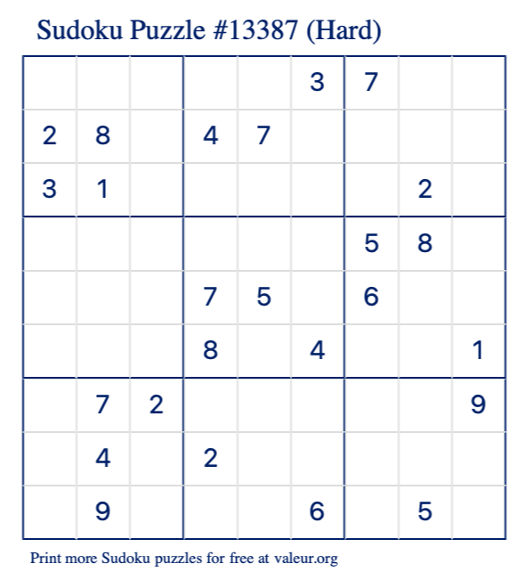 Free Printable Hard Sudoku Puzzle number 13387