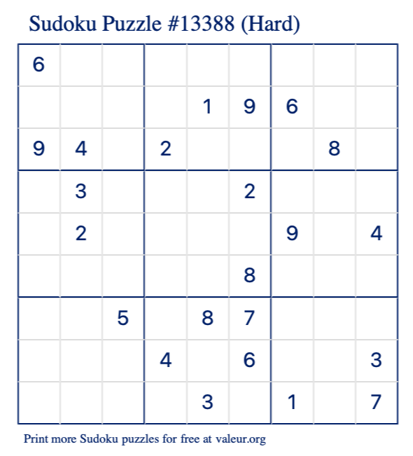 Free Printable Hard Sudoku Puzzle number 13388