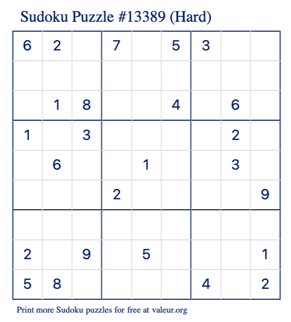 Free Printable Hard Sudoku Puzzle number 13389