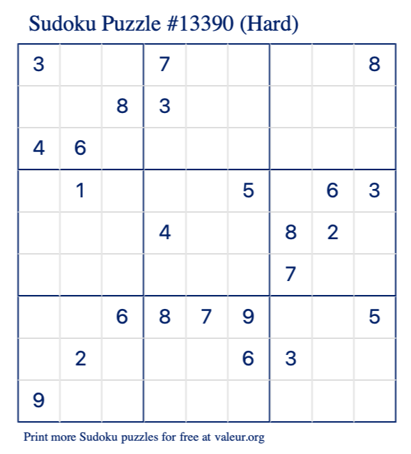 Free Printable Hard Sudoku Puzzle number 13390