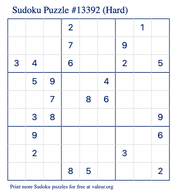 Free Printable Hard Sudoku Puzzle number 13392