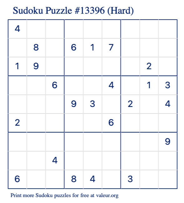 Free Printable Hard Sudoku Puzzle number 13396