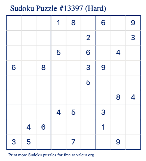 Free Printable Hard Sudoku Puzzle number 13397