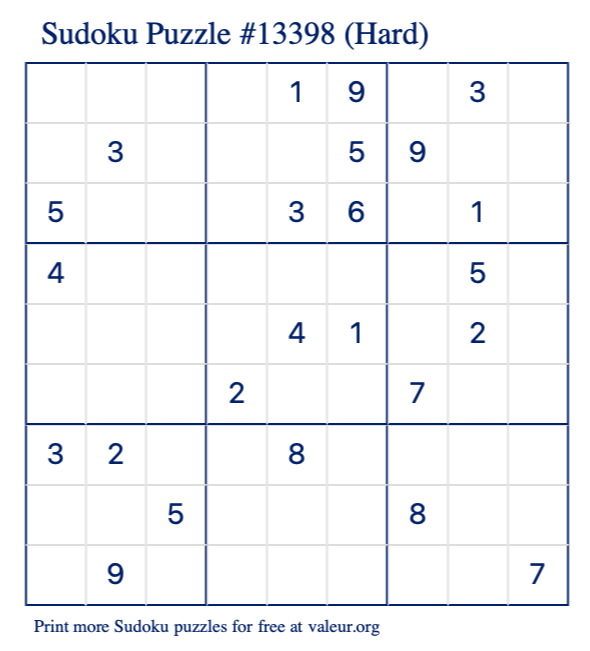 Free Printable Hard Sudoku Puzzle number 13398