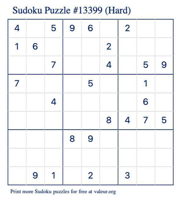 Free Printable Hard Sudoku Puzzle number 13399