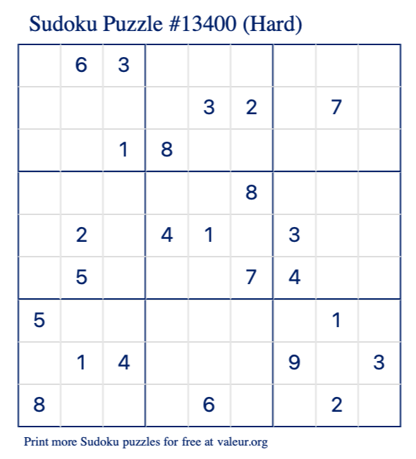 Free Printable Hard Sudoku Puzzle number 13400