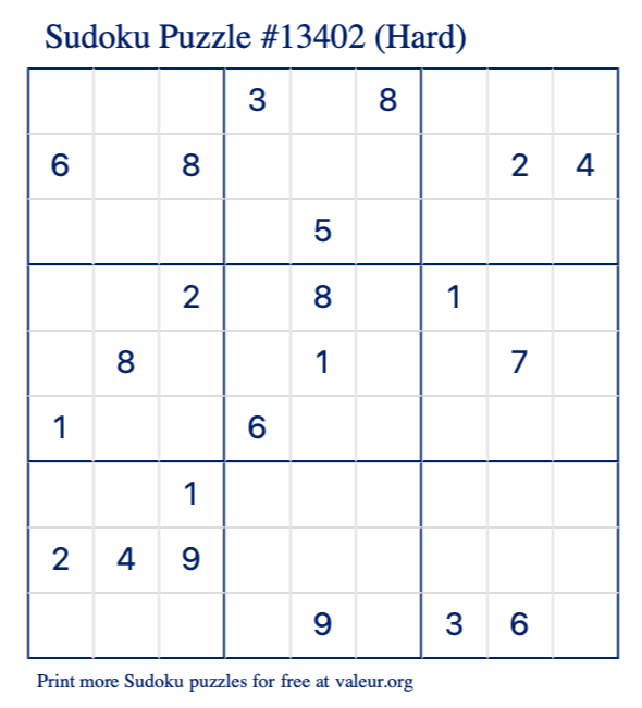 Free Printable Hard Sudoku Puzzle number 13402
