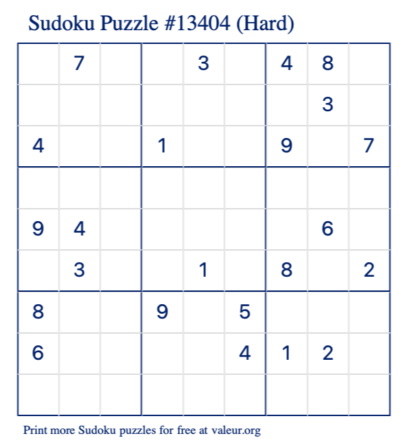 Free Printable Hard Sudoku Puzzle number 13404