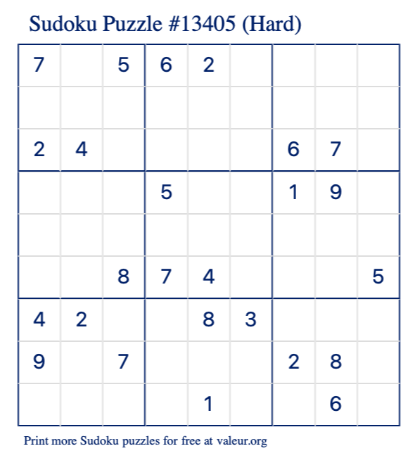 Free Printable Hard Sudoku Puzzle number 13405