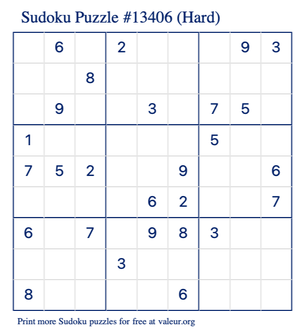 Free Printable Hard Sudoku Puzzle number 13406