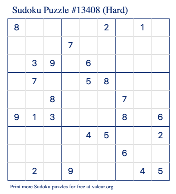 Free Printable Hard Sudoku Puzzle number 13408